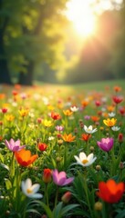 Fototapeta premium Sunlit meadow bursting with colorful spring blooms, springtime, pastel