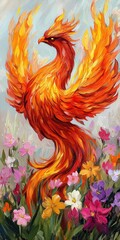 Obraz premium A vibrant phoenix rises amidst colorful flowers, symbolizing rebirth and beauty in a fantastical, vivid landscape.