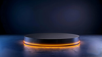 Metallic Round Stage With Illuminated Orange Light On Dark Blue Background