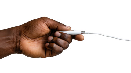 Hand holding white audio adapter cable on transparent background