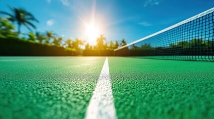 The dynamic scene showcases a tennis court with a brilliant sun overhead, presenting a vibrant green field and a sense of excitement for both players and spectators.