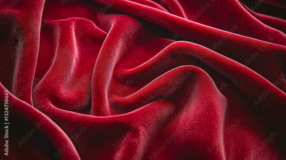 Poster soft red velvet fabric draping elegantly with rich texture in a warm lighting setting