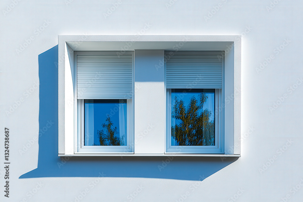 Aufkleber two sleek, white-framed windows adorned with shutters showcase reflections of trees and sunlight on 