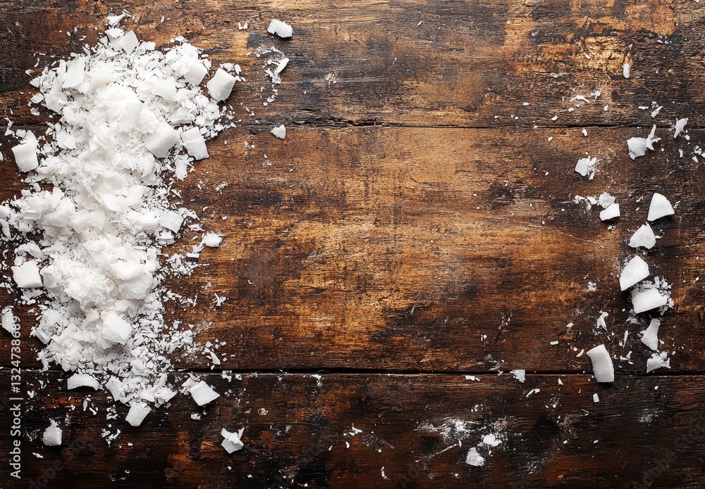 Aufkleber white salt scattered on a rustic wooden surface with rough texture creating a dramatic contrast and 