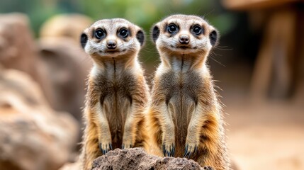 In this captivating image, two meerkats stand side by side, showcasing their adorable yet curious expressions while embodying the essence of companionship in nature.