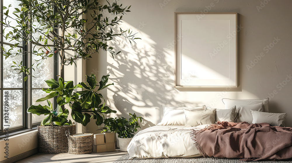 Poster The setup features a comfortable bed surrounded by greenery and soft sunlight pouring through the window, enhancing the tranquil ambiance