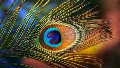 Majestic peacock feather; colorful artistic image; closeup macro shot

