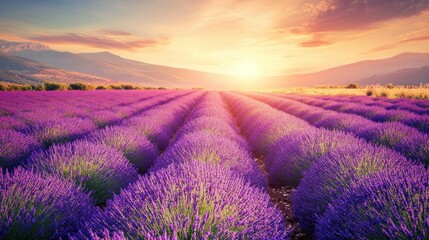 Fototapeta premium Lavender field sunset mountain sunrise