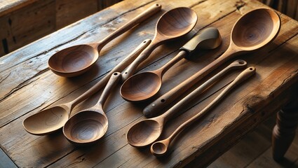 Collection of handcrafted wooden kitchen utensils displayed on a rustic table