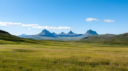 Fototapeta premium Expansive Landscape Featuring Mountains Blue Sky Green Field and Daylight