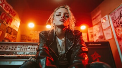 A confident musician sits in a colorful studio, showcasing a leather jacket and intense expression. The atmosphere exudes creativity and artistic flair.
