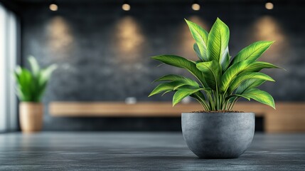Modern plant in grey pot on dark surface, interior design