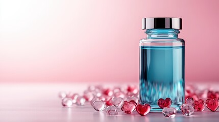 This artistic image features a blue glass bottle surrounded by small red heart-shaped decorations, creating a romantic and whimsical atmosphere for potential buyers.