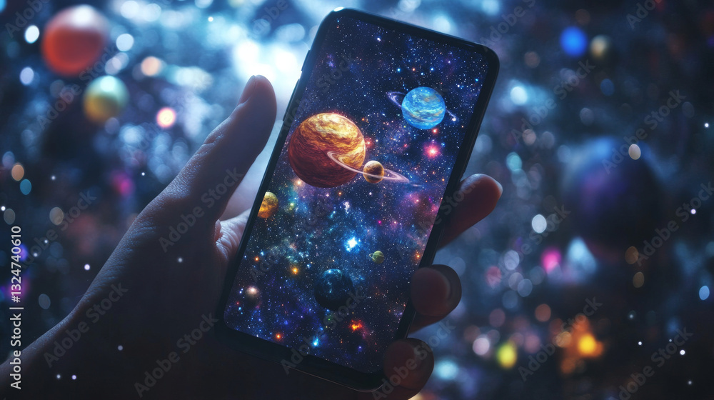 Poster abstract image of a handset in hand in the form of a starry sky or space, consisting of points, line