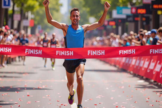 Runner Breaking Red Finish Line Tape – Dynamic Victory Scene for Marathon Race Success and Sports Promotions