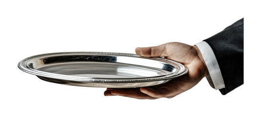 Male hand holding elegant silver platter in formal suit, cut out