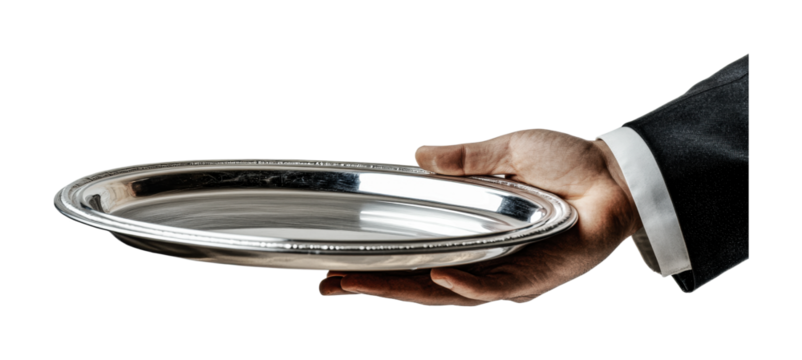 Male hand holding elegant silver platter in formal suit, cut out