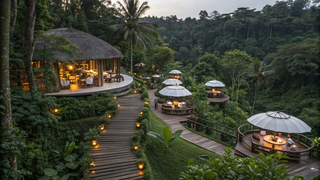 ungle Dining Experience: Private Pavilions, Lush Tropical Setting, Romantic Ambiance, Luxurious Dining in Natural Paradise.