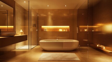 Fototapeta premium A Modern Bathroom Featuring a Bathtub and Shower Area