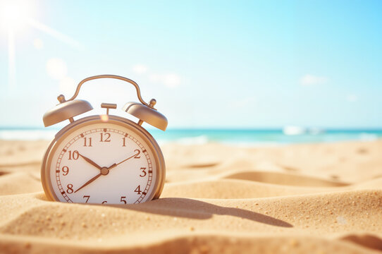Alarm Clock on Sunny Beach – Time Concept for Daylight Saving Time and Summer Designs  