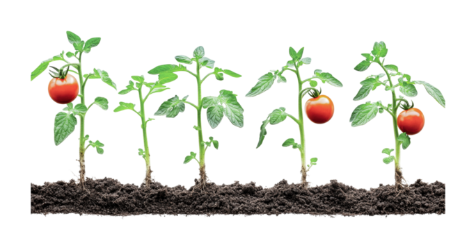Progressive growth stages of tomato plants with vibrant red tomatoes, cut out