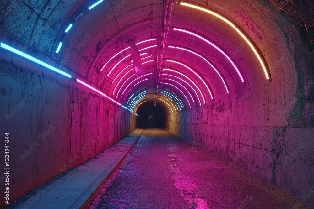 Poster endless flight through a vibrant gray concrete tunnel illuminated by colorful neon lights, endless f