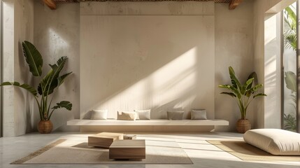 Fototapeta premium Beautiful Minimalist Home Interior with Earthtone Colors and Plants