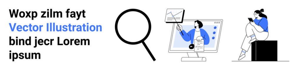 Business analyst presenting growth graph on screen, magnifying glass, person reading on tablet. Ideal for business strategy, data analysis, digital learning, technology, remote work, presentations