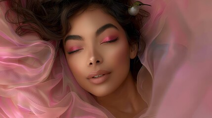 Fototapeta premium Beautiful Native Medicine Woman with Long Hair in Surreal Digital Art Scene with Rotating Patterns in Pink Background