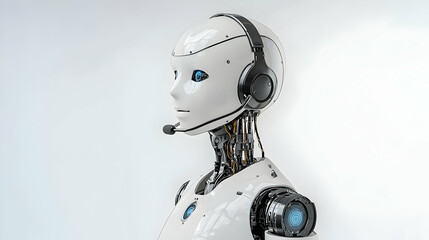 White And Blue Futuristic Robot With Headset and Microphone Against A White Backdrop