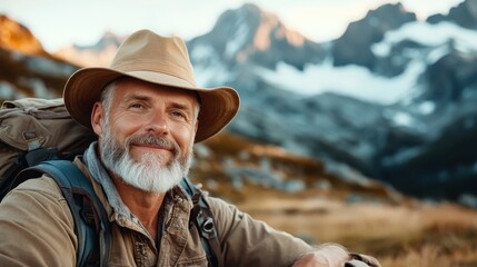 A happy, seasoned explorer sits against a breathtaking mountain backdrop, embodying the spirit of adventure, perfect for travel and wellness themed content.