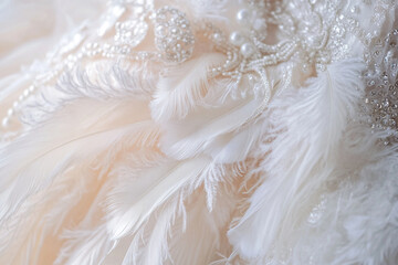 Fototapeta premium Delicate feathers and intricate embellishments on a glamorous gown at a bridal fitting in a well-lit studio