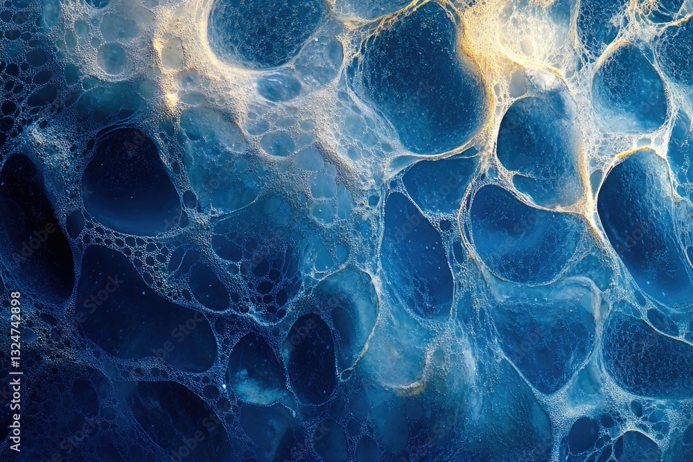 Poster abstract blue and gold artwork resembling ocean foam or a cosmic nebula with intricate patterns.