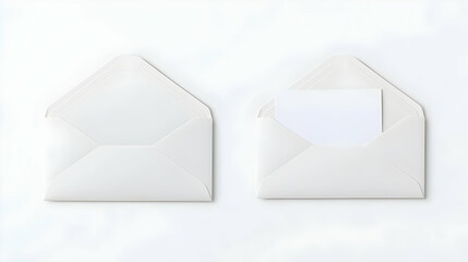 Two Elegant White Envelopes One Open With Blank Card On White Background With Lace Pattern Border Simple Minimal Design Mockup For Wedding Invitation