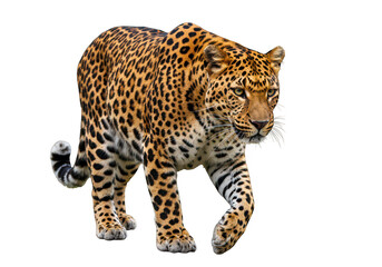 A leopard walking forward showcasing its muscular body isolated on transparent background