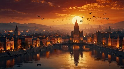Fototapeta premium Panoramic view of Old Town in Prague at sunset, Czech Republic