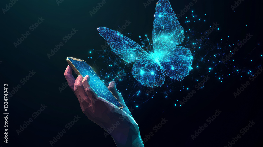 Poster free internet concept. free wifi metaphor isolated on white background. polygonal butterfly flies ou