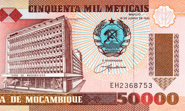 Mozambique 50000 Meticais 2003 banknote with the image of the Banco de Mocambique building in Maputo. Mozambican money