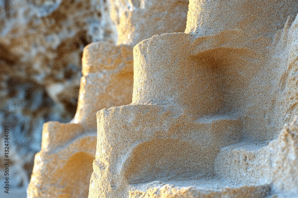 Poster sandstone formations create a unique textured landscape with layered, stair-step patterns.