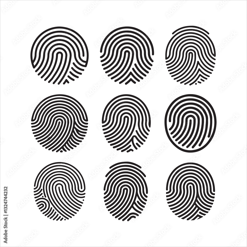 Poster set of fingerprint lock secure security logo vector icon.