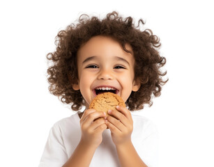 Happy curly-haired boy laughing while holding a cookie, isolated on a white background