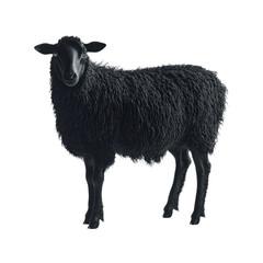 Black sheep standing against black background with curly wool, cut out