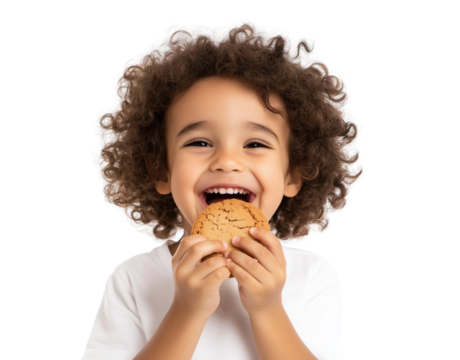 Happy curly-haired boy laughing while holding a cookie, isolated on a white background