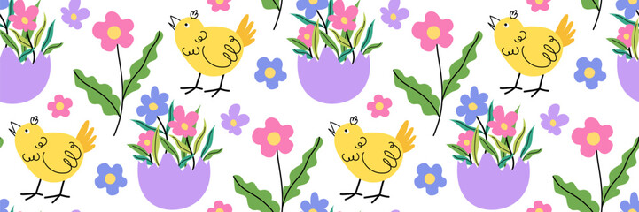 Easter seamless pattern with cute yellow chick. Funny character and broken shell egg. Horizontal spring floral background. Vector flat illustration.