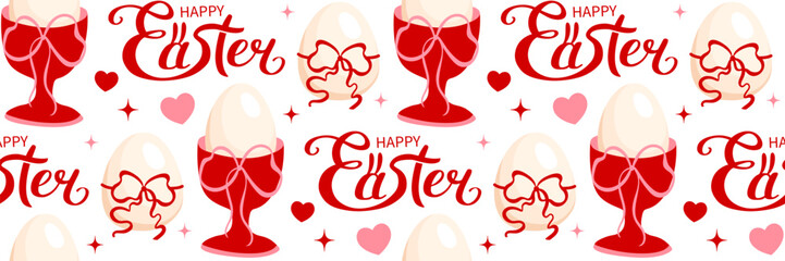 Easter seamless pattern with egg and red ribbon bow. Coquette Aesthetic style. Elegant vector illustration.