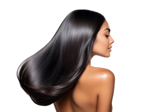 Side profile of a woman with long, flowing, shiny black hair isolated on a white background