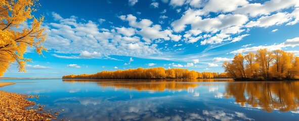 autumn scene, golden trees by lake, blue sky, clouds