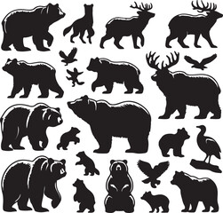 set of various bear silhouettes on the white background