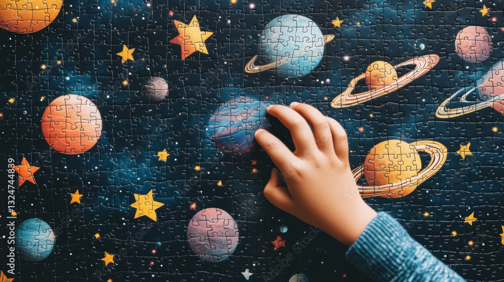 Aufkleber abstract image of a hand holding puzzle in the form of a starry sky or space, consisting of points, 