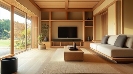 Fototapeta premium Modern minimalist interior of a tranquil living space with natural elements